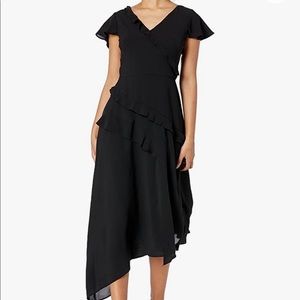 ADRIANNA PAPELL Black Gauzy Crepe Ruffled Fit & Flare Dress